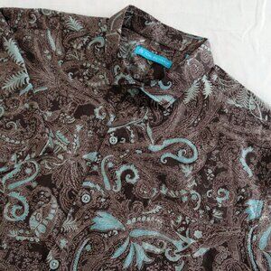 TORI RICHARD Men's L Brown And Turquoise Button Up Short Sleeve Hawaiian Shirt